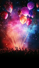 Celebration Night Crowd Cheering Under Fireworks and Balloons, Starry Sky Background