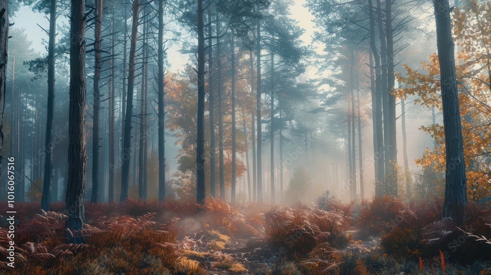 Wall mural Sunbeams Filtering Through a Misty Pine Forest