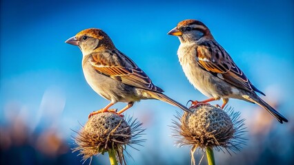 Two sparrows stand poised on dried fax stems, silhouetted against a brilliant blue sky, embodying nature’s quiet elegance in this stunning