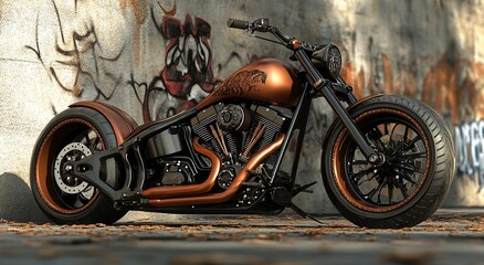 A classic motorcycle is displayed from a low perspective, parked beside an aged warehouse decorated with colorful graffiti.