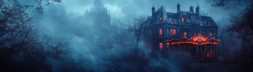 Mysterious haunted mansion shrouded in fog, illuminated by eerie lights. Perfect for Halloween or gothic themes.