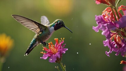 Naklejka premium A hummingbird hovers near a cluster of vibrant flowers, displaying its iridescent green and blue plumage with a colorful throat. The flowers are predominantly red and orange, standing out against the 