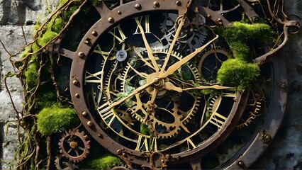 Fototapeta premium An ancient clock overtaken by nature, with rusted gears and frozen hands, symbolizing lost time and decay. AI-generated 