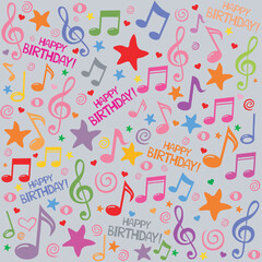 Happy birthday! Seamless  pattern wallpaper of colorful musical notes, gift box, stars, hearts. Horizontal posters, greeting cards, header, website.  Illustration