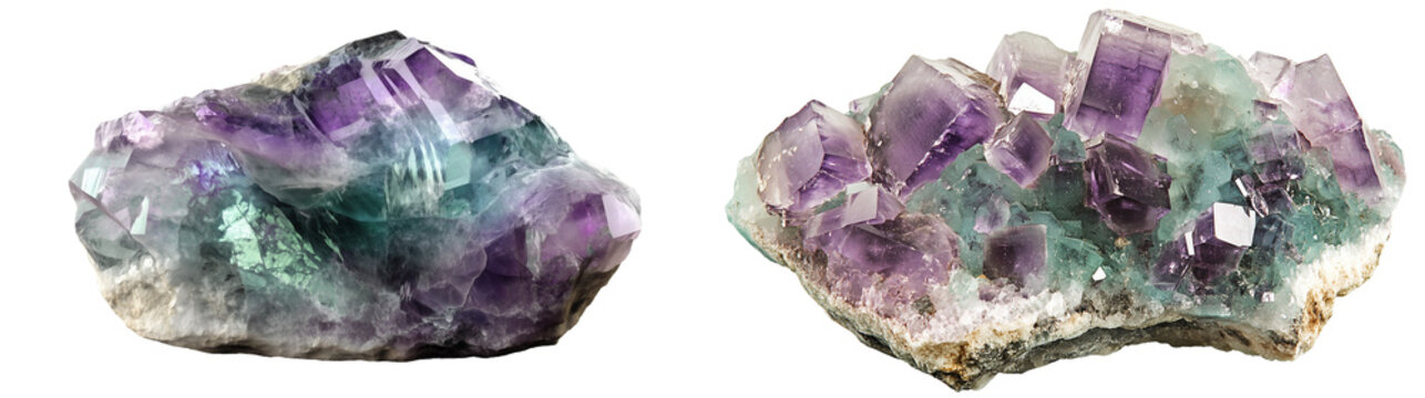 A large, crystalline fluorite rock Gemstone isolated on transparent PNG.