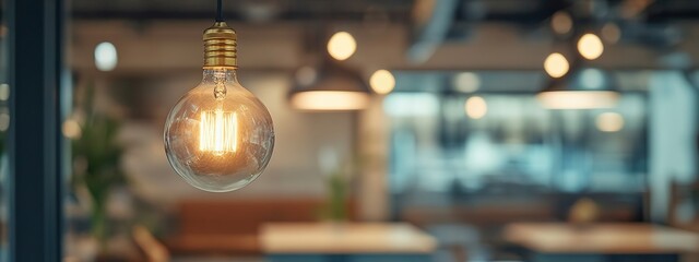 Hanging light bulbs in a modern open workspace. The light creates a warm, inviting atmosphere.