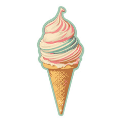 Colorful soft serve ice cream cone with swirls of pink and white sitting on a waffle cone against a vibrant background