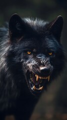 Naklejka premium Black Wolf Growling with Sharp Teeth and Yellow Eyes