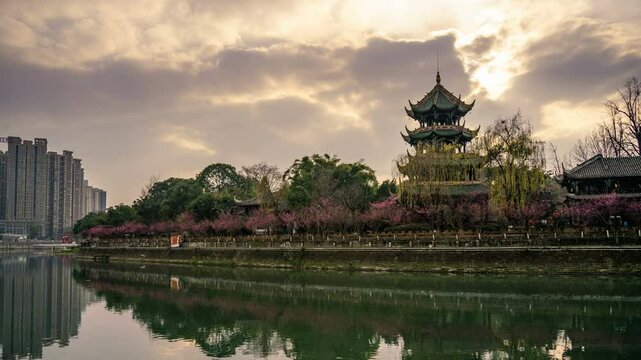 Time lapse photography of Wangjiang Tower in Wangjiang Park, Jinjiang District, Chengdu, Sichuan Province