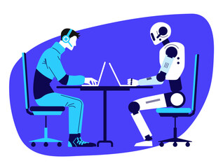Man works together with a robot. Person and a robot are sitting at table and working on laptop. Concept of future technologies. Machine learning. Contest between human and cyborg