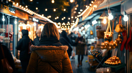Woman in winter coat strolls through festive night market illuminated by warm garlands