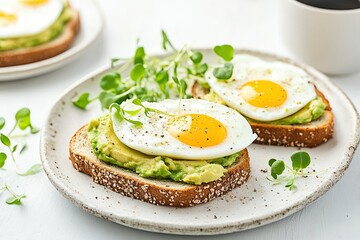 Egg and avocado sandwiches and coffee for a healthy breakfast. Whole grain toast with avocado puree, scrambled eggs and organic microgreens on a white table. 