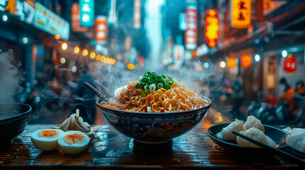 Fototapeta premium Steaming bowl of ramen topped with green onions and served with boiled eggs
