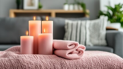 Serene candle ambiance in cozy living room setting