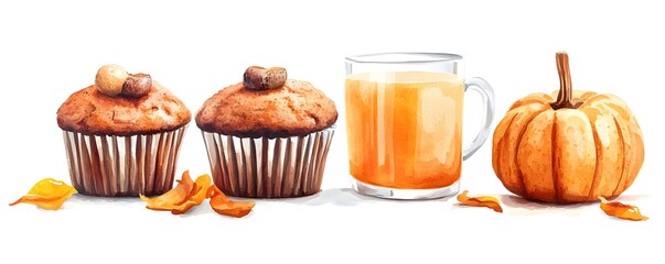 Autumn Treat  Pumpkins  Muffins  and Pumpkin Spice Drink