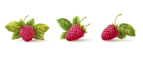 Fresh Red Raspberries with Green Leaves   Isolated on White Background