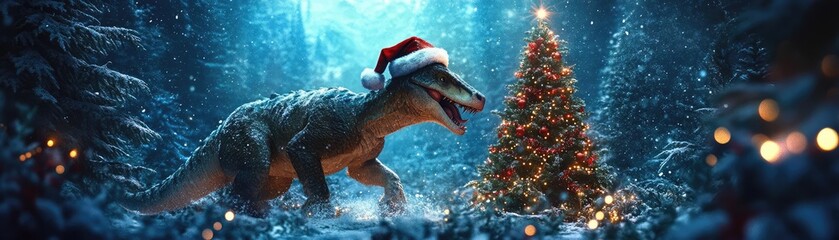 A whimsical dinosaur interacts with a Christmas tree in a snowy forest, capturing the spirit of festive imagination.