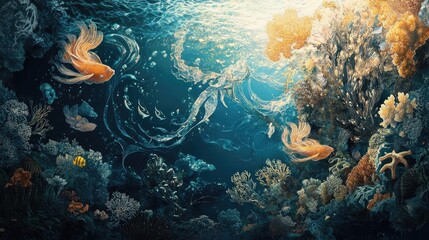 Naklejka premium A vibrant underwater scene showcasing colorful fish, coral, and aquatic plants, perfect for nature and marine life enthusiasts.