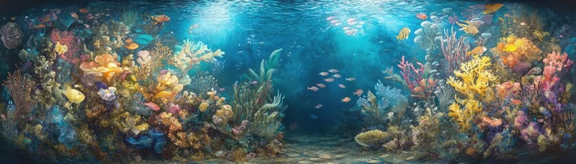 Obraz premium Vibrant underwater scene with colorful corals and fish, creating a serene and beautiful oceanic atmosphere for exploration.