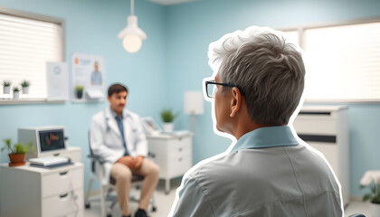 Fototapeta premium Patient looking at psychologist in clinic isolated with white highlights, png