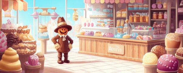 Obraz premium A cheerful scarecrow stands in a colorful confectionery shop filled with delightful sweets and desserts.