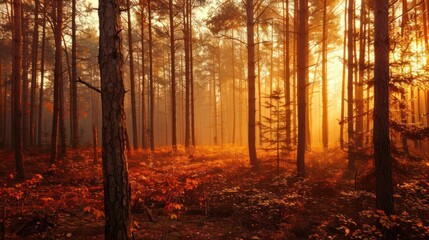Obraz premium Golden Sunlight Filtering Through a Foggy Forest