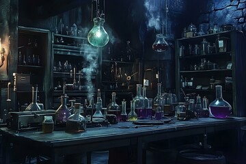A dark and eerie laboratory with bubbling potions, strange scientific instruments, and an overall mad scientist vibe perfect for Halloween