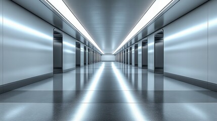 Naklejka premium Elegant modern hallway with marble floors, tall columns, and luxurious lighting, in a spacious environment new beautiful stock image illustration AI