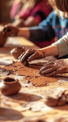 Participants mold clay into pottery using hands and tools in a creative setting