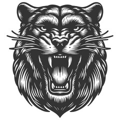 Obraz premium fierce roar growling panther head. Tattoo design, evoking a wild and powerful presence sketch engraving generative ai raster illustration. Scratch board imitation. Black and white image.