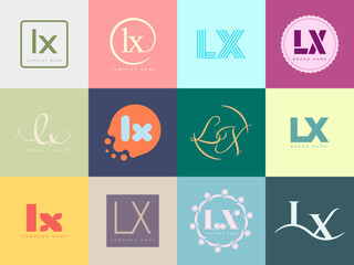 LX logo company template. Letter l and x logotype. Set different classic serif lettering and modern bold text with design elements. Initial font typography.