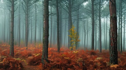 A Single Tree Stands Out In A Foggy Forest