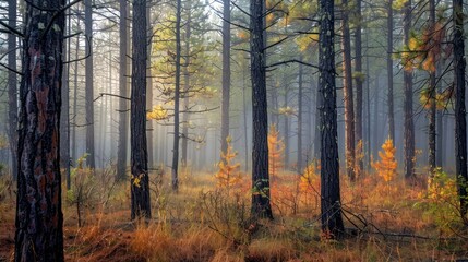 Sunbeams Illuminating a Foggy Pine Forest with Fall Colors