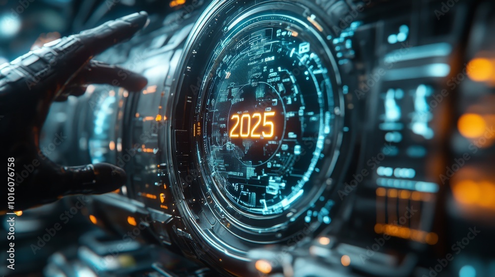 Poster futuristic heads-up display showing navigation and data for 2025 in a sci-fi setting