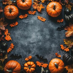 Halloween party background from pumpkins, bats, spider web top view. Happy halloween holiday greeting card, flat lay with background
