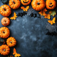 Halloween party background from pumpkins, bats, spider web top view. Happy halloween holiday greeting card, flat lay with background