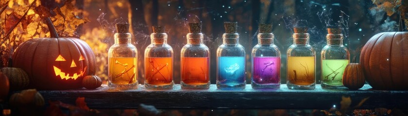 A vibrant collection of bottles filled with colorful potions, perfect for Halloween or magical themes.