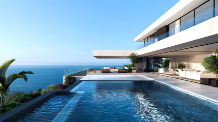 Sleek and Sophisticated Seaside Villa with Striking Pool Design and Minimalist Aesthetic