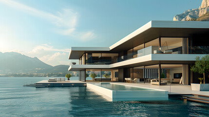 Fototapeta premium Sleek and Sophisticated Seaside Villa with Striking Pool Design and Minimalist Aesthetic