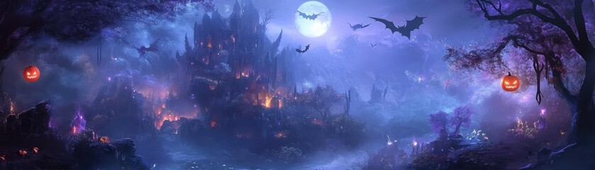 A mystical Halloween landscape features a haunted castle, glowing pumpkins, bats, and a full moon casting an eerie light.