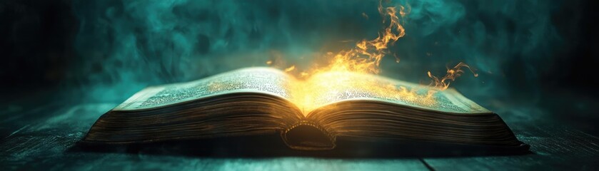 An enchanting open book emits a magical glow, symbolizing knowledge and the power of imagination. Perfect for fantasy themes.