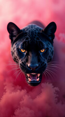 Black jaguar with a furious expression emerges from the pink smoke