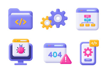 Web development , SEO, coding and programming 3d vector icon set. Cartoon minimal style.