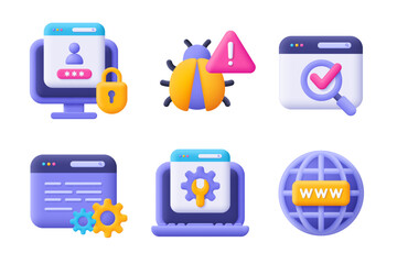 Web development , SEO, coding and programming 3d vector icon set. Cartoon minimal style.