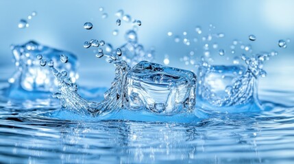 Crisp ice cube splash in crystal clear water