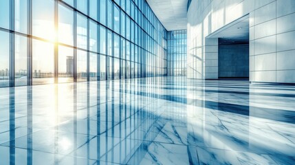 Modern corporate office building interior with sunlight reflections