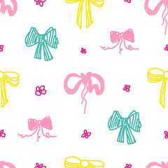 Seamless pattern with ribbon, bow. coquette, girly pattern background, print, pattern, greeting card, wrapping paper, fashion, fabric, textile, wallpaper, cover. Childish naive doodle vector art