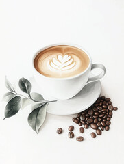 Obraz premium Watercolor Latte with coffee art, isolated on white background, Summer Drink
