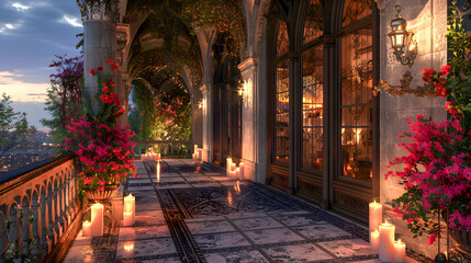 patio terrace balcony of palace mansion house at night. flowers, candles, and floral embellishments of black gothic art deco porch with tall windows and city view