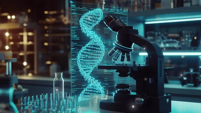 Science, Technology, Engineering, and Medicine (STEM) Day. Microscope with a double helix and DNA in a futuristic laboratory. Medical research concept. Microscope and DNA double helix. Biology lab. 